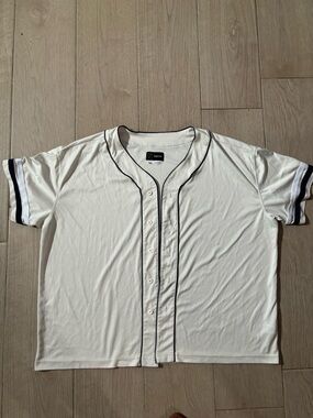 Original Use White Baseball-Style Button Shirt with Navy Trim